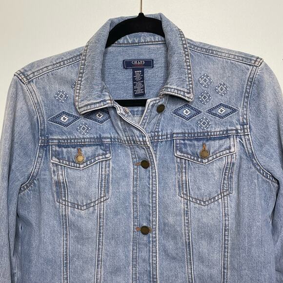 Chaps Vintage Cropped Trucker Denim‎ Jacket Embroidery Detail Collared Blue M - Picture 7 of 11